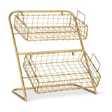 gold metal two tier countertop storage stand with wire baskets