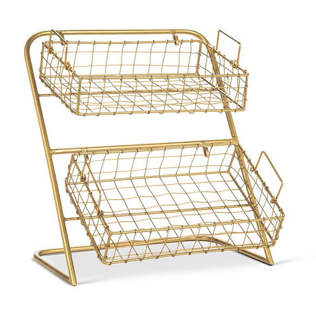 gold metal two tier countertop storage stand with wire baskets