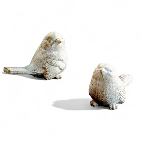 Pair of small cement bird figurines with distressed gold finish