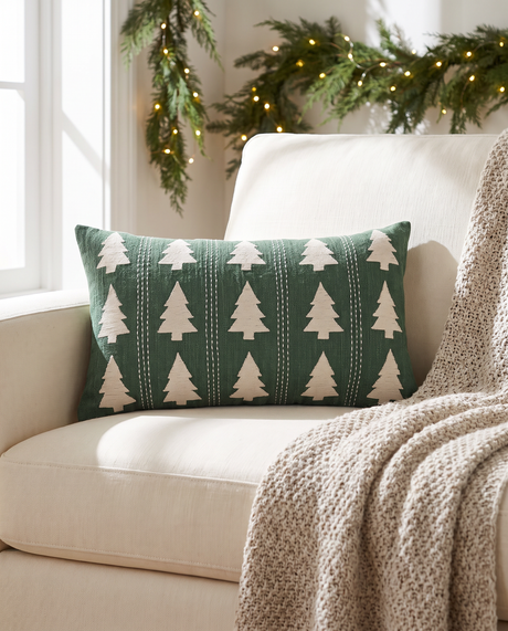 Green Embroidered Christmas Tree Lumbar Pillow