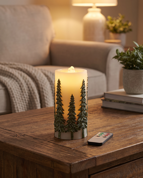 Green Embossed Tree LED Water Candle with Timer & Remote