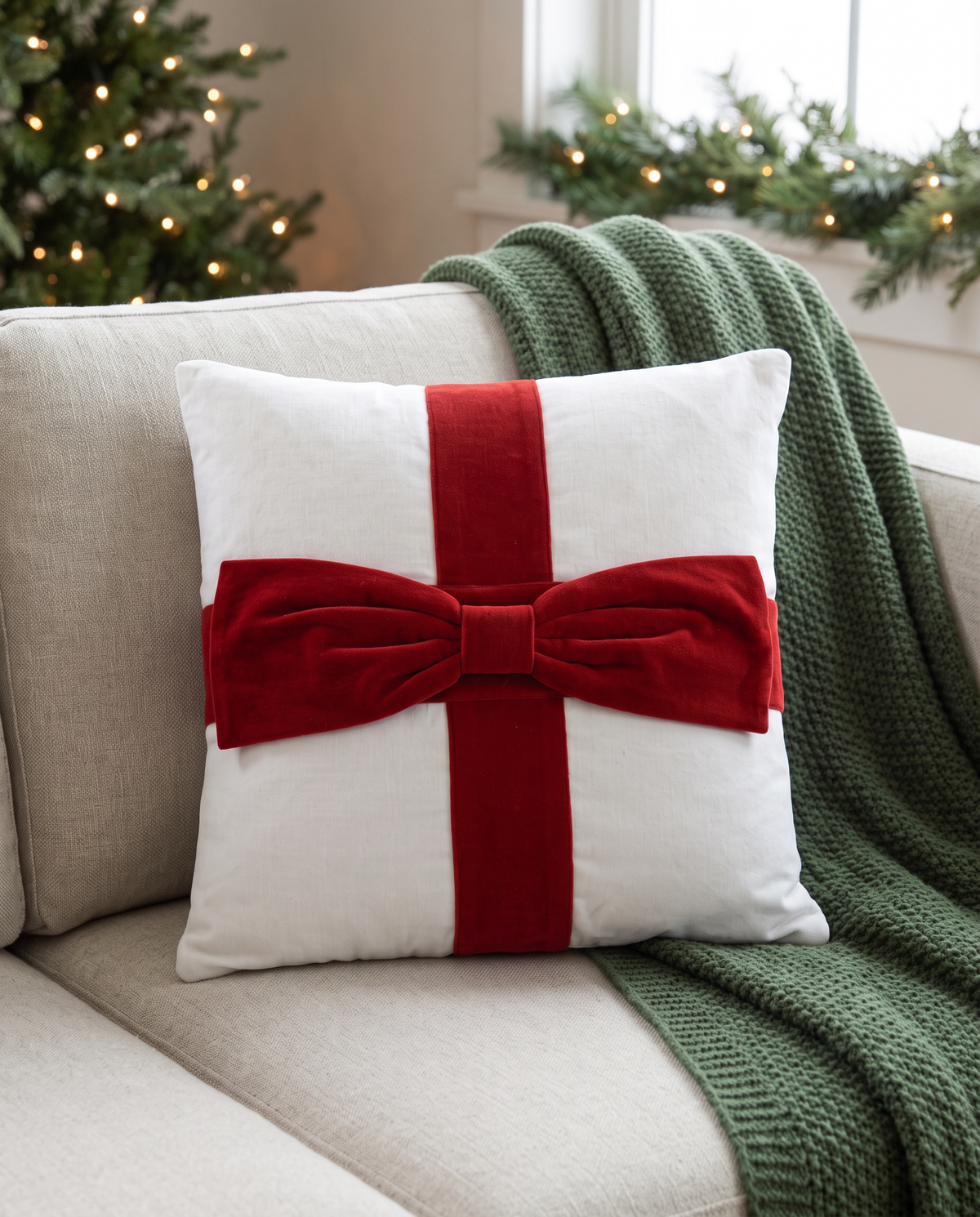 Red Bow Cotton Velvet Gift Pillow