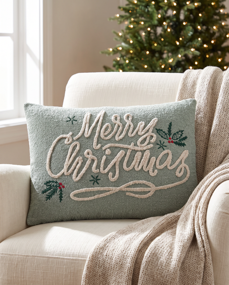 Merry Christmas Chenille Embroidered Lumbar Pillow