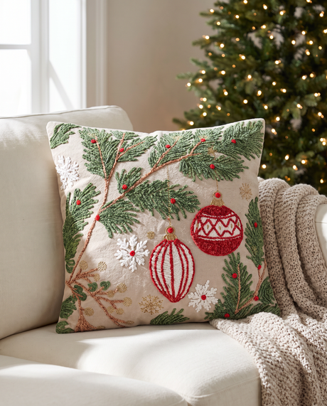 Embroidered Pine & Ornaments Christmas Throw Pillow