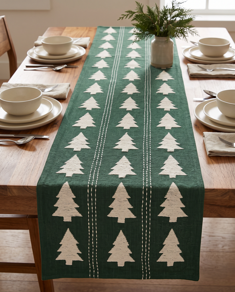 Green Embroidered Tree Cotton Table Runner