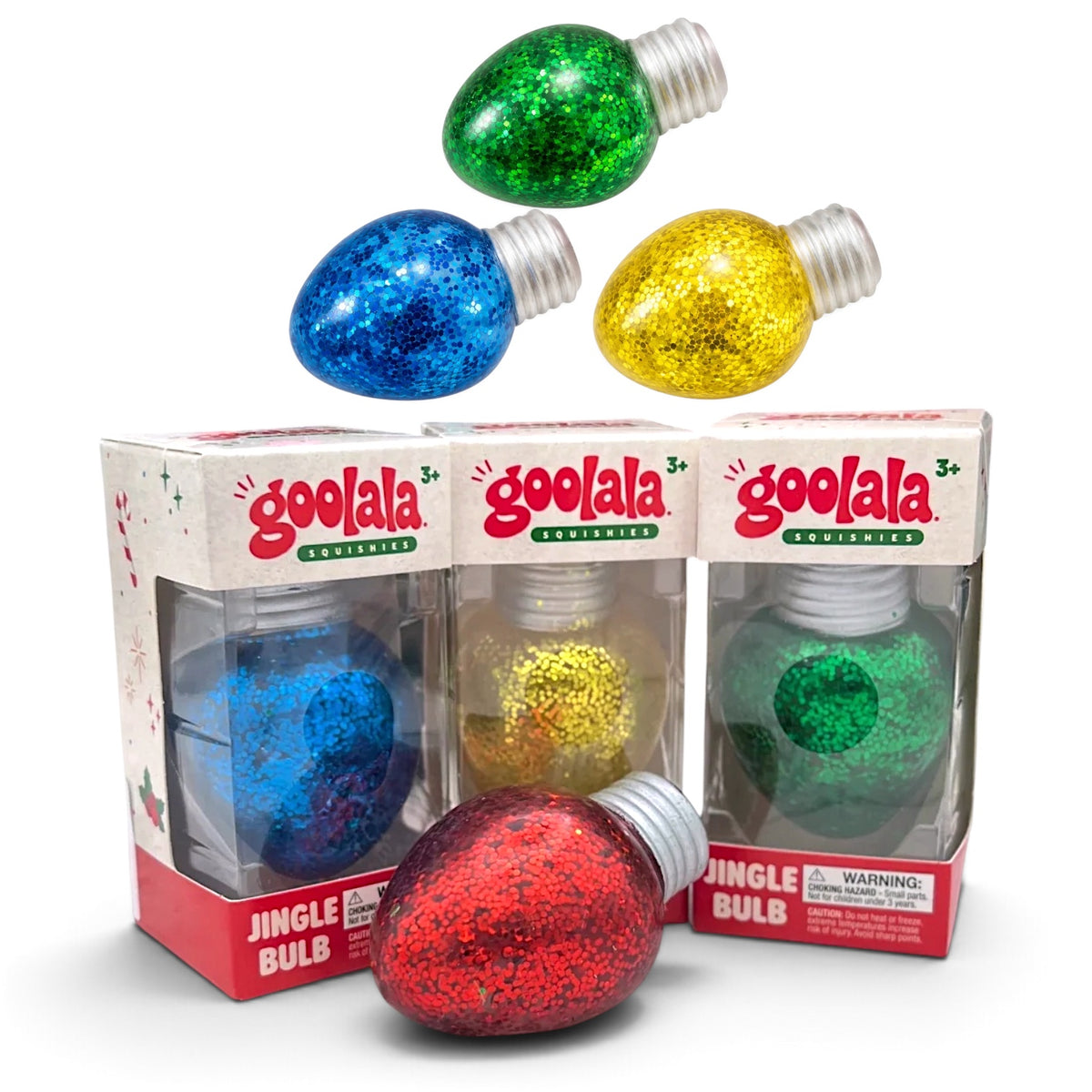 Goolala Jingle Bulb Christmas squishy sensory toys in glittery red, green, blue, and yellow, each color sold individually