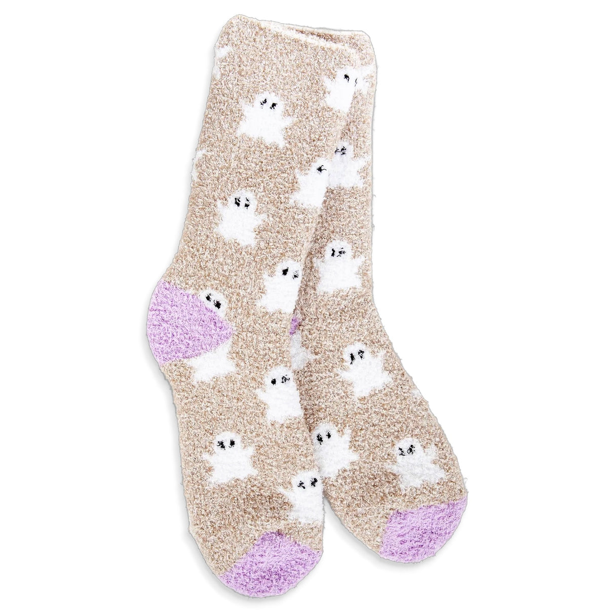 Gray plush Halloween crew socks with white ghost pattern and lavender heel and toe accents