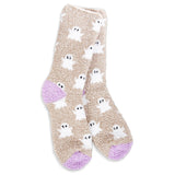 Gray plush Halloween crew socks with white ghost pattern and lavender heel and toe accents