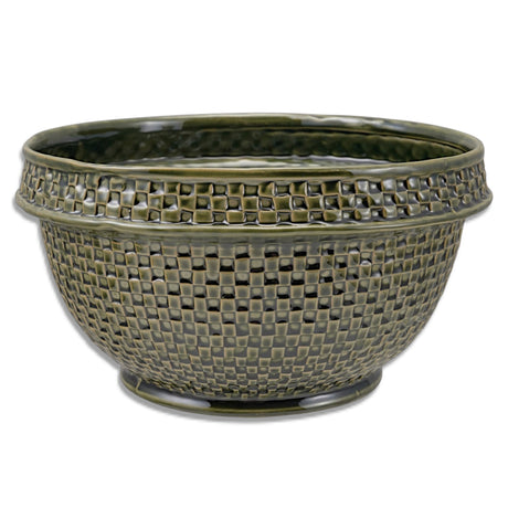 green reactive glaze stoneware bowl with basket weave texture
