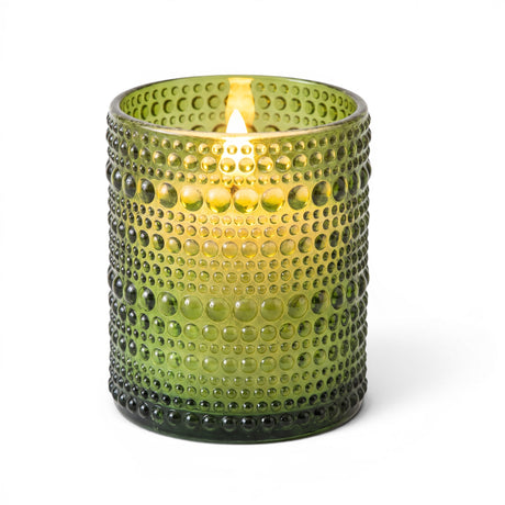 Green beaded glass LED candle with real wax and 6-hour timer