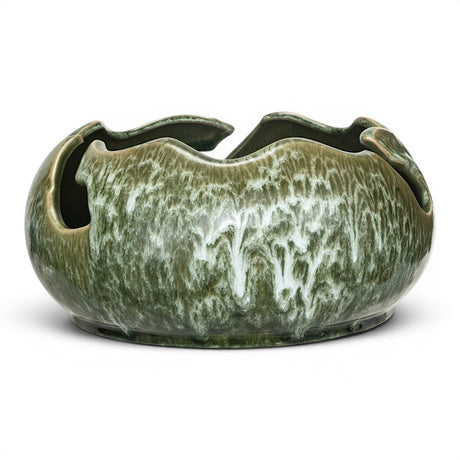 Green ceramic organic shaped bowl with reactive glaze for serving or decorative centerpiece
