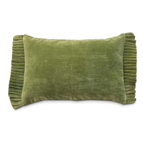 Green rectangular cotton velvet lumbar pillow with gathered ruffle trim along both short ends.
