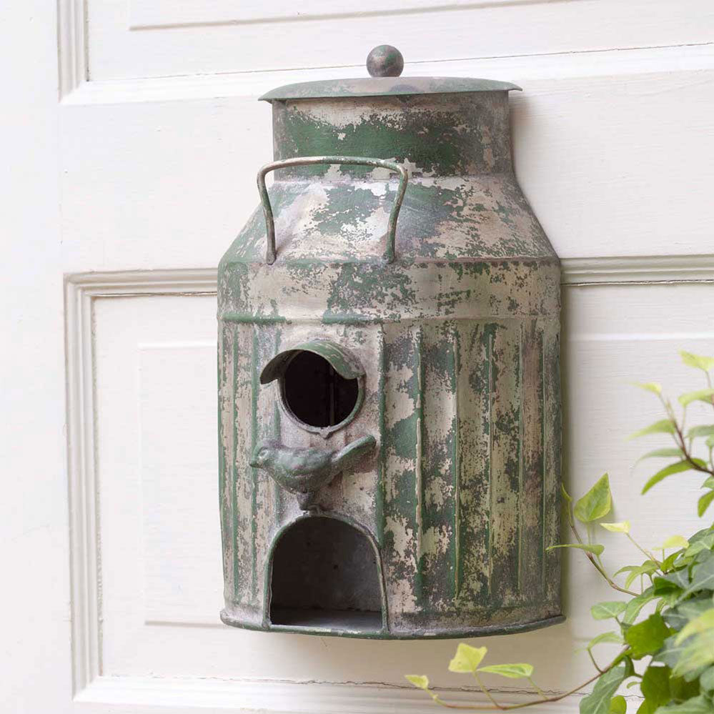 Distressed Green Metal Milk Can Birdhouse