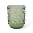 Green embossed 12 oz drinking glass with floral and leaf patterns, vintage-inspired design.