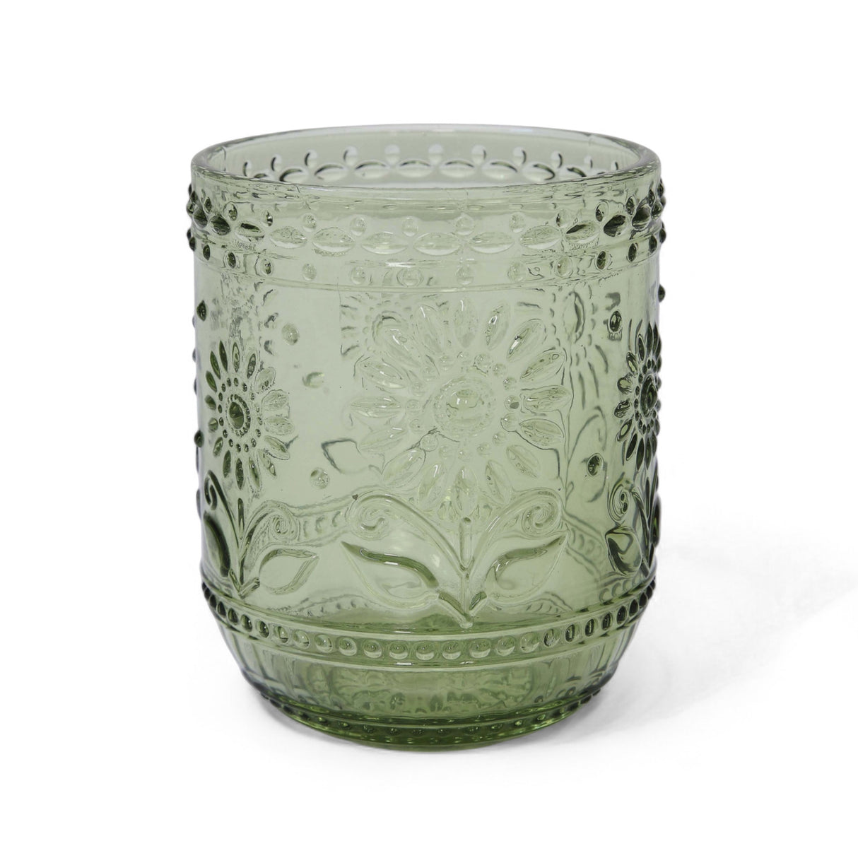 Green embossed 12 oz drinking glass with floral and leaf patterns, vintage-inspired design.