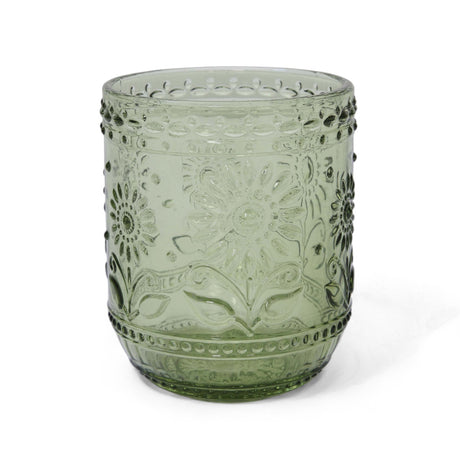 Green embossed 12 oz drinking glass with floral and leaf patterns, vintage-inspired design.