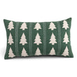 Green cotton slub lumbar pillow with cream embroidered Christmas trees and vertical decorative stitching
