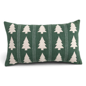 Green cotton slub lumbar pillow with cream embroidered Christmas trees and vertical decorative stitching
