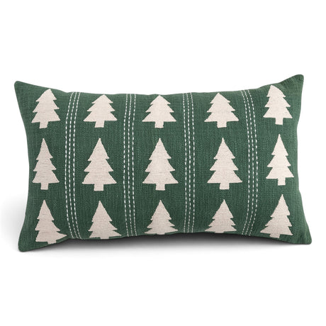 Green cotton slub lumbar pillow with cream embroidered Christmas trees and vertical decorative stitching
