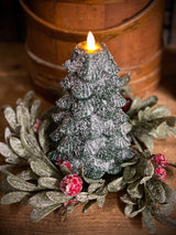 green Christmas tree shaped LED candle with moving flame and glittered finish