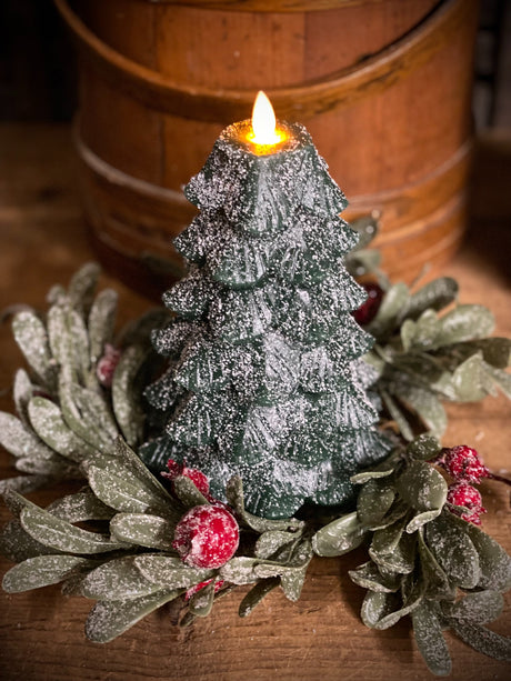 green Christmas tree shaped LED candle with moving flame and glittered finish