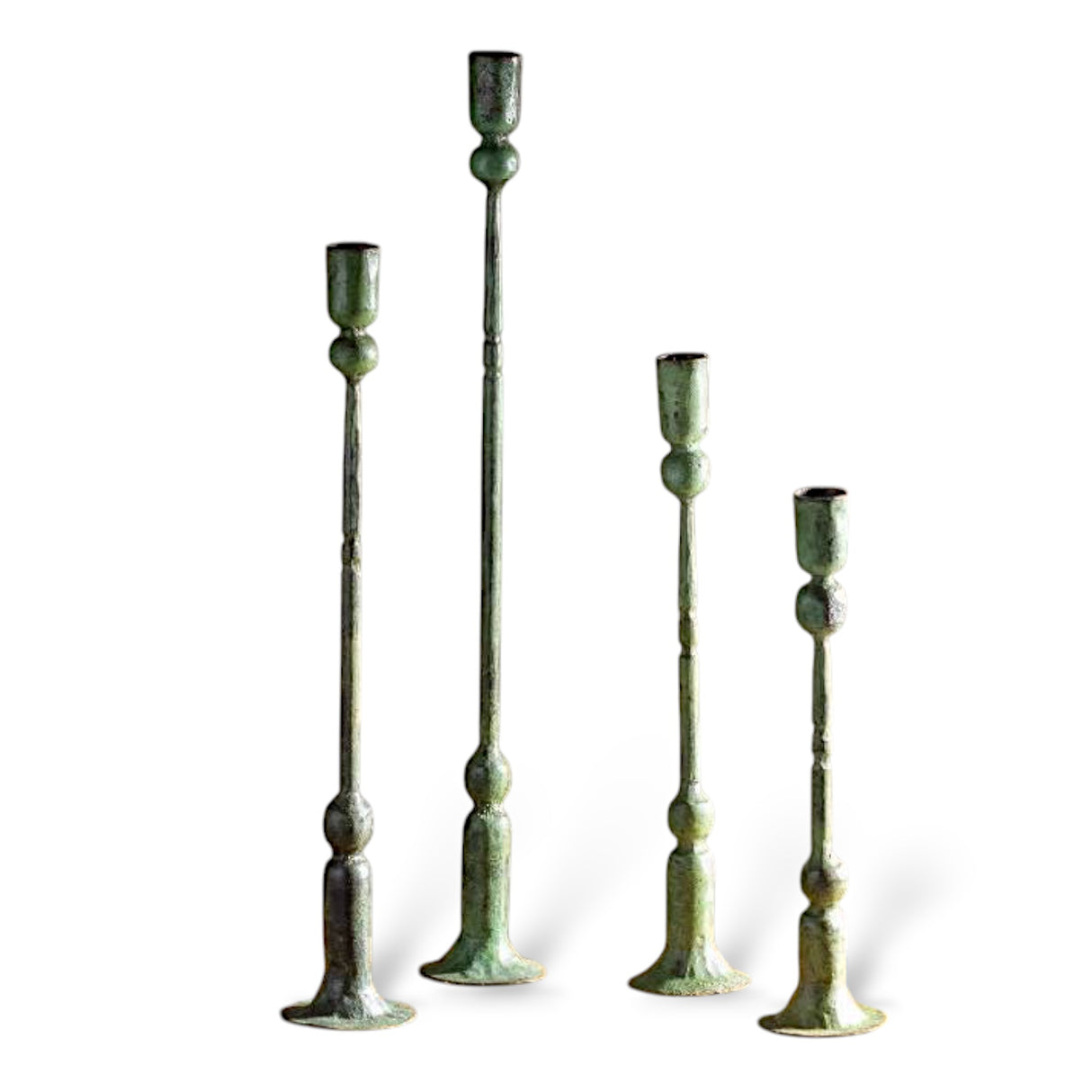 distressed green patina metal candleholders by Kalalou