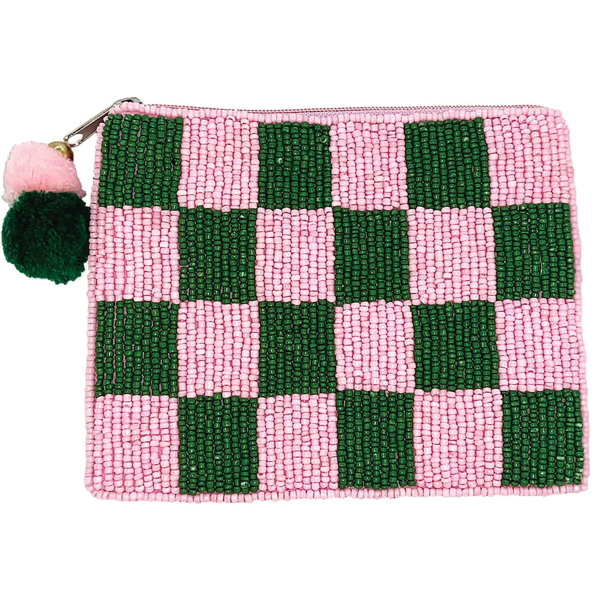 Green & Pink Checkered Beaded Coin Pouch with Pom-Pom Zipper