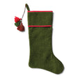 Green quilted cotton velvet Christmas stocking with red cuff trim, three red and green tassels, and a fabric hanging loop
