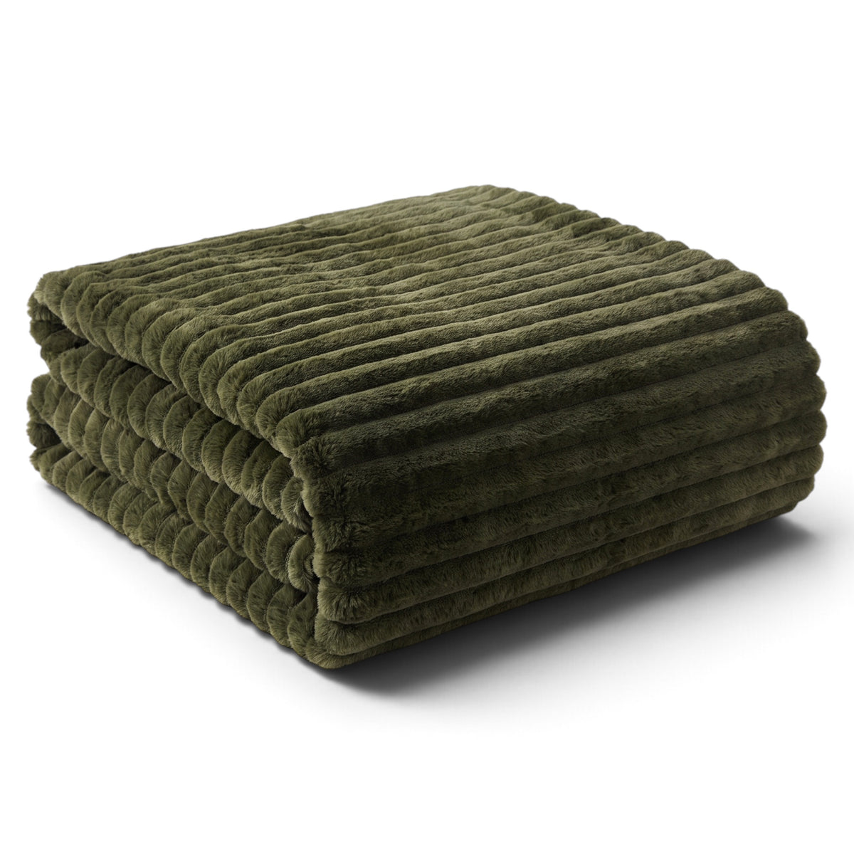 Deep olive green faux fur throw with raised horizontal ribbing and a velvet backing, measuring 60 by 50 inches.