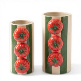 green striped ceramic vase set with tomato accents farmhouse kitchen decor