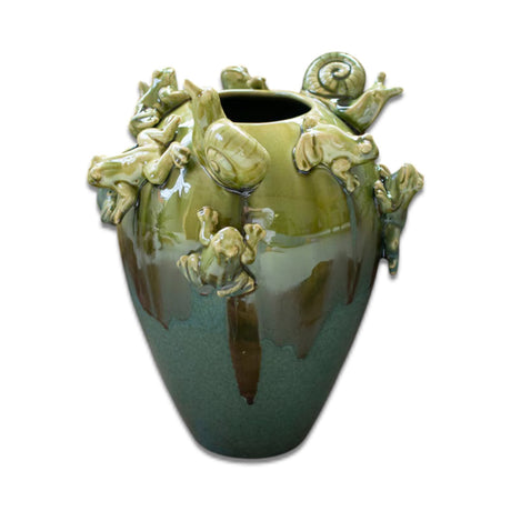 whimsical green ceramic frog and snail planter vase for indoor plants