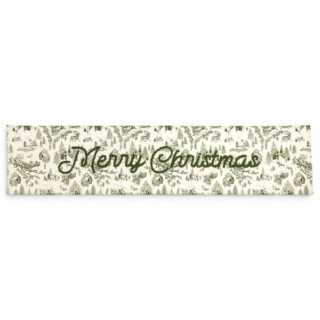 Green toile Merry Christmas cotton table runner with embroidered lettering
