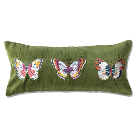 green velvet lumbar pillow with embroidered butterflies decorative pillow
