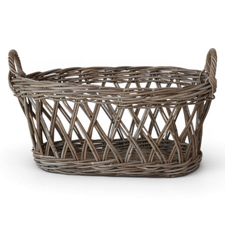 grey washed rattan oval basket with handles for blanket storage and home organization
