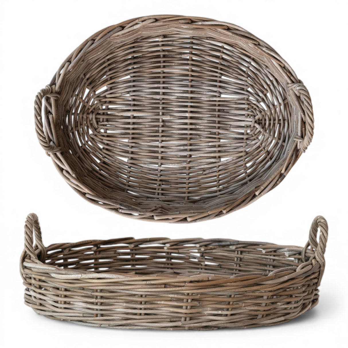 grey washed rattan oval serving tray with handles for coffee table or kitchen styling