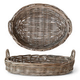 grey washed rattan oval serving tray with handles for coffee table or kitchen styling