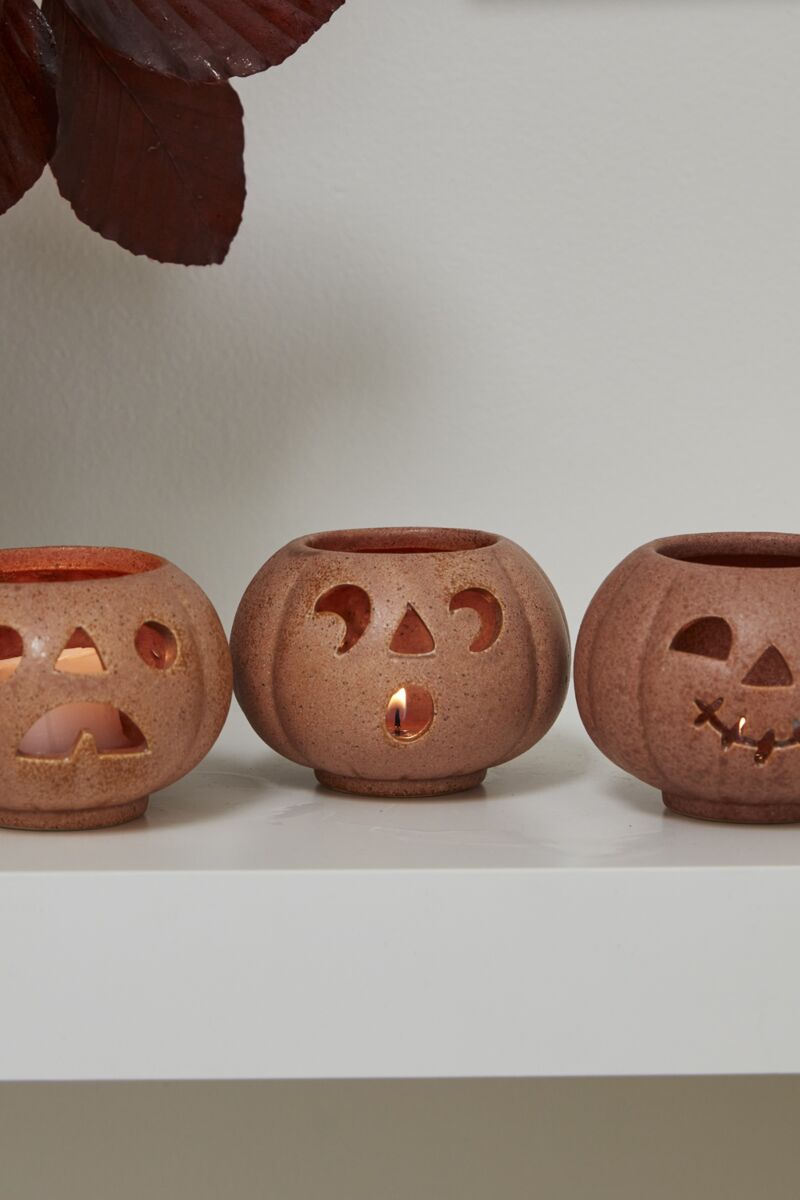 Grinning Pumpkin Ceramic Votive Candle Holders (Set of 3)