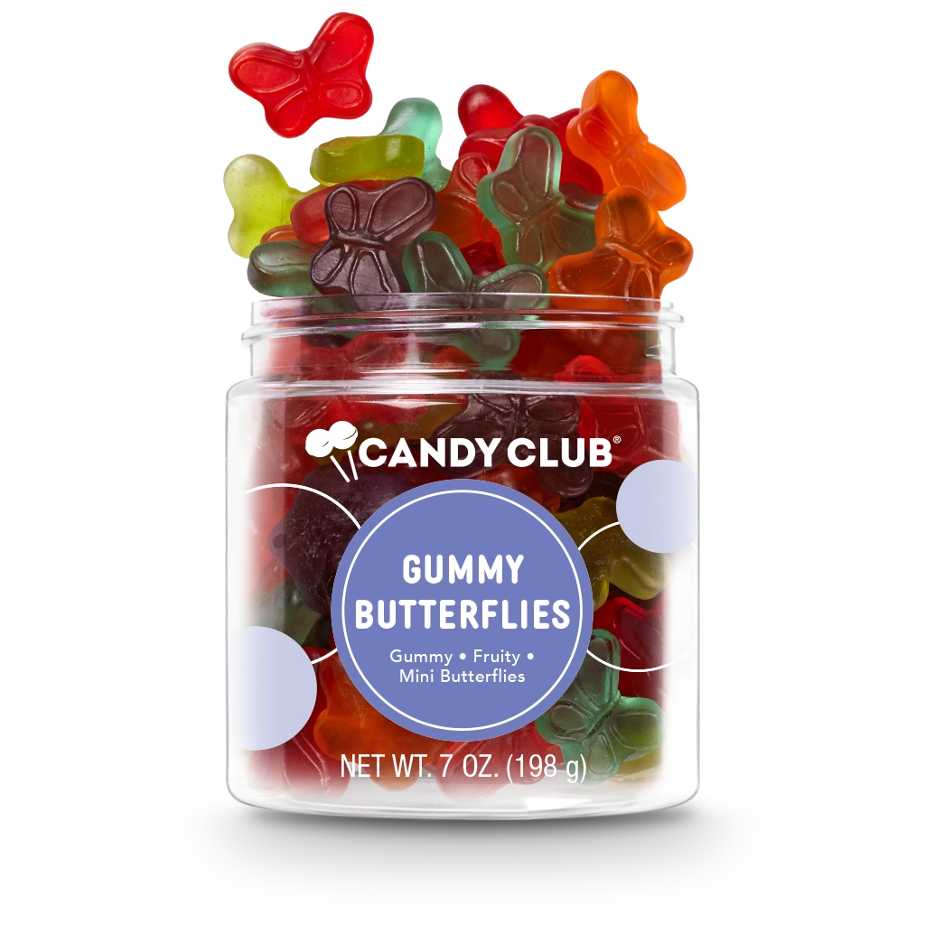 Jar of Gummy Butterflies candy with colorful mini butterfly-shaped gummies, fruity flavor, gluten-free, made in the USA