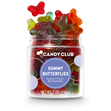 Jar of Gummy Butterflies candy with colorful mini butterfly-shaped gummies, fruity flavor, gluten-free, made in the USA
