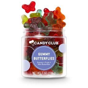 Jar of Gummy Butterflies candy with colorful mini butterfly-shaped gummies, fruity flavor, gluten-free, made in the USA