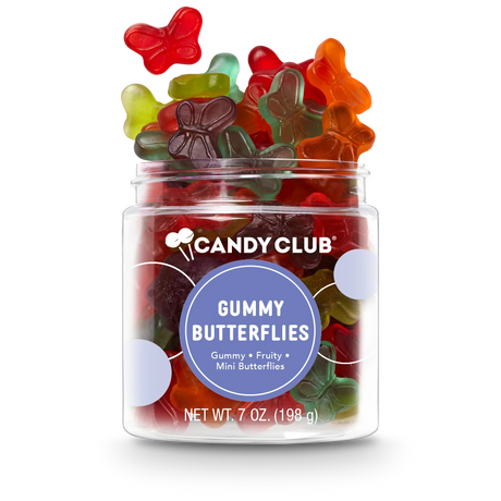 Jar of Gummy Butterflies candy with colorful mini butterfly-shaped gummies, fruity flavor, gluten-free, made in the USA