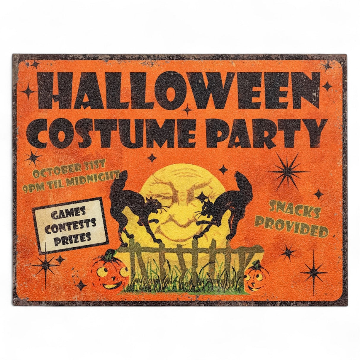 Vintage-style Halloween Costume Party wood sign with black cats and moon, 22x16 inches