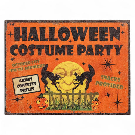 Vintage-style Halloween Costume Party wood sign with black cats and moon, 22x16 inches