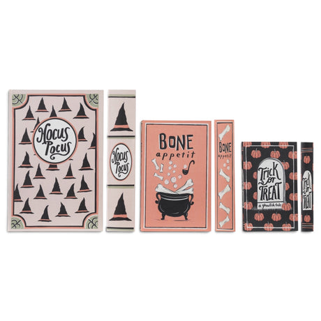 Halloween decorative book storage boxes with Hocus Pocus, Bone Appetit, and Trick or Treat prints