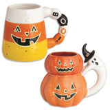 Halloween ceramic mugs with glow-in-the-dark faces and hand-painted handles