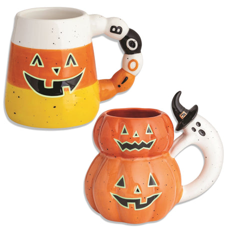 Halloween ceramic mugs with glow-in-the-dark faces and hand-painted handles