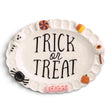Halloween Trick or Treat ceramic candy platter with colorful hand-painted candy icons