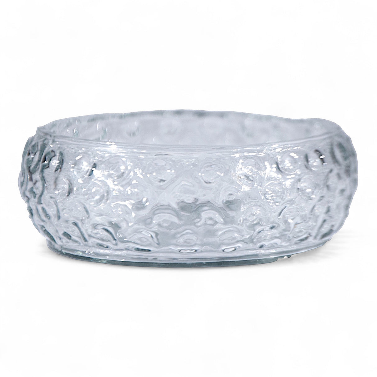 Clear hand-blown glass bowl with inverted hobnail texture