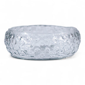 Clear hand-blown glass bowl with inverted hobnail texture