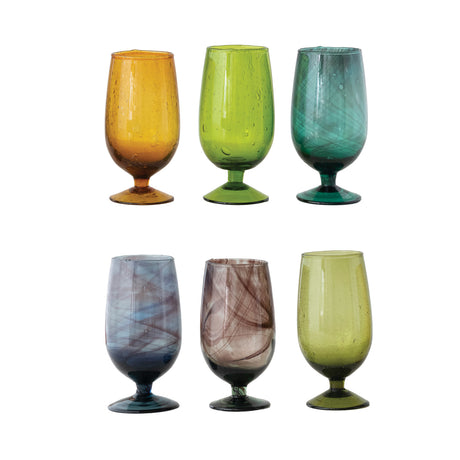 Set of colorful 12 oz. hand-blown stemmed drinking glasses, assorted colors, 6 inches tall